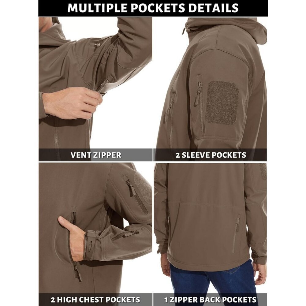 Men's  #12-coffee Tactical Soft Shell Winter Jacket with Fleece Lining & Hood - Picture 4 of 6